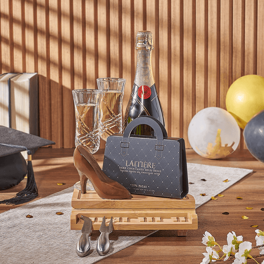 Graduating in Style Gift Set, graduation gift, graduation, chocolate gift, chocolate, champagne gift, champagne, sparkling wine gift, sparkling wine, Connecticut delivery