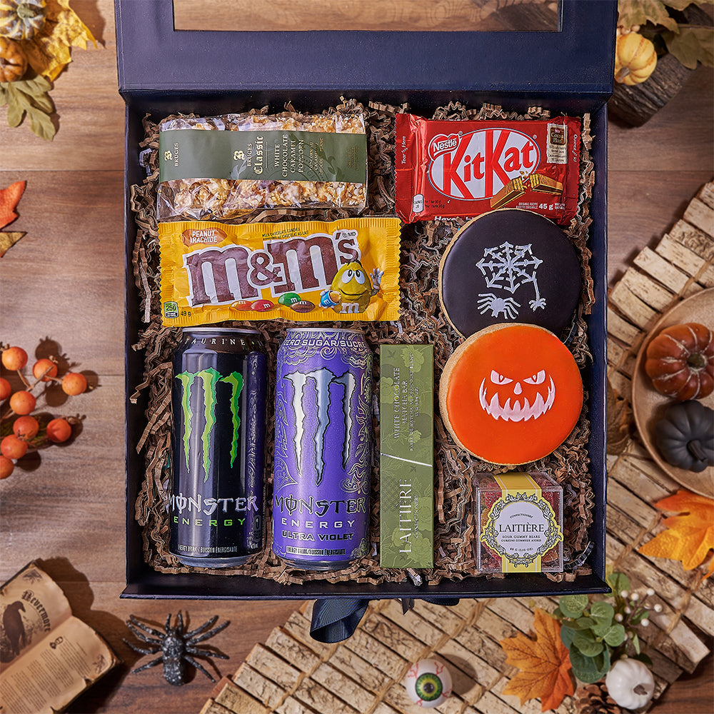 Halloween Monster Energy Snack Box – gift basket with 2 monster energy drinks, kitkat and peanut m&m's