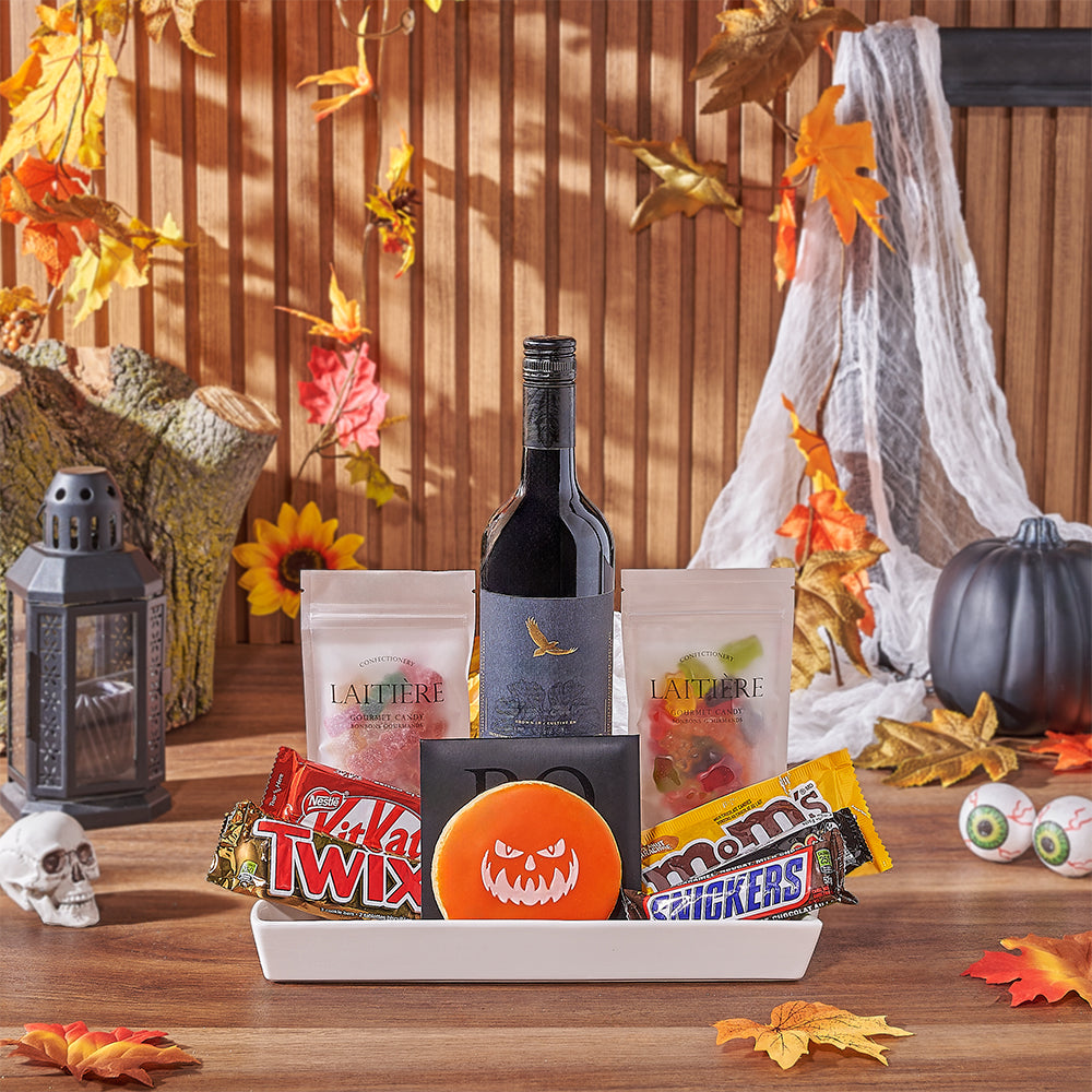 Halloween Wine & Treat Platter, wine gift, wine, chocolate gift, chocolate, halloween gift, halloween, Connecticut delivery