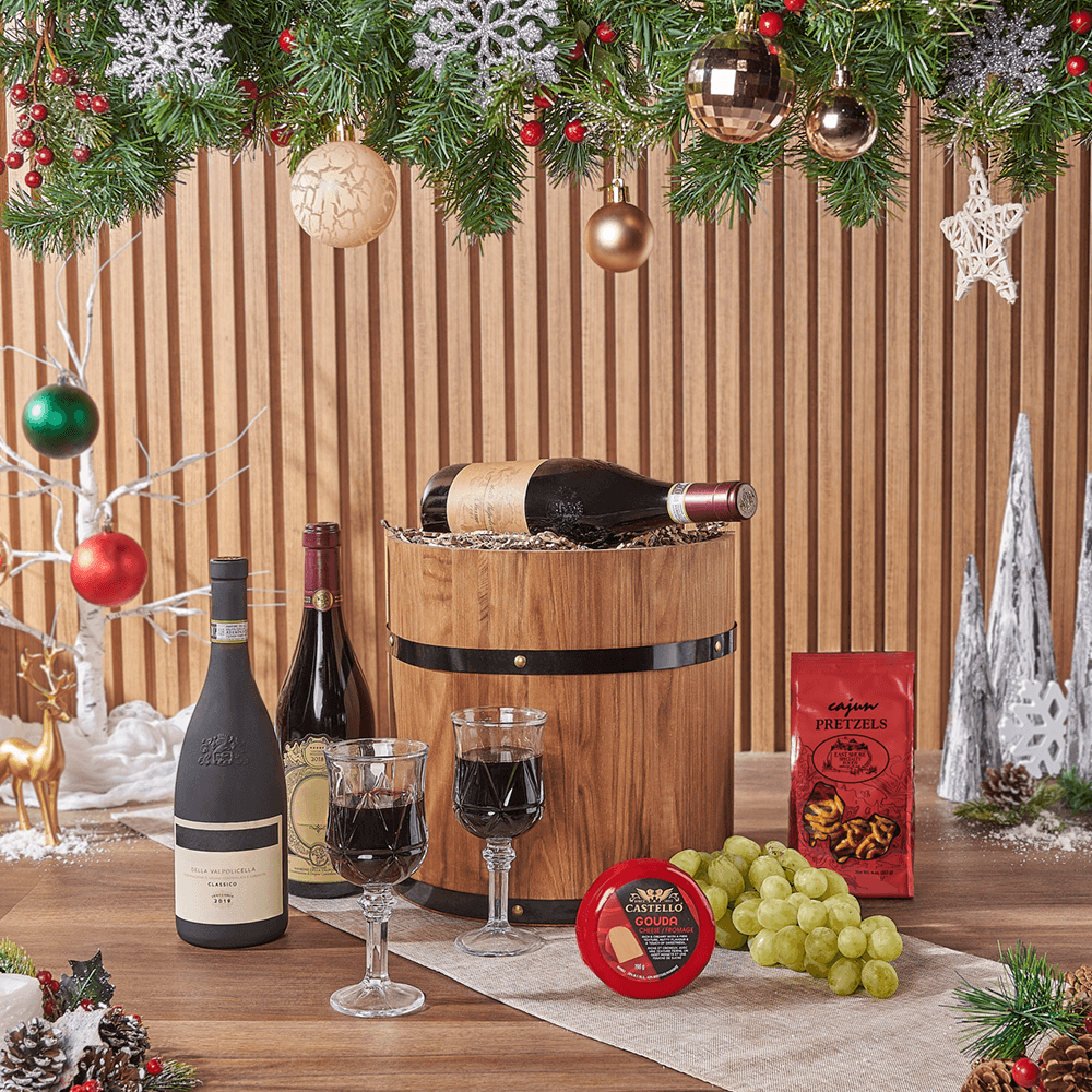 Holiday Wine Gift Basket in Wooden Half Barrel with Cheese and Grapes – how the gift is presented