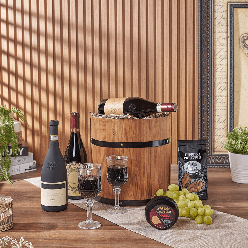 Lovely Wine Cheese Barrel - Premium Wines, wine gift, wine, fruit gift, fruit, cheese gift, cheese, Connecticut delivery