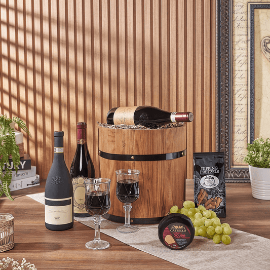 Lovely Wine Cheese Barrel - Vintage Premium Wines, wine gift, wine, fruit gift, fruit, cheese gift, cheese, Connecticut  delivery
