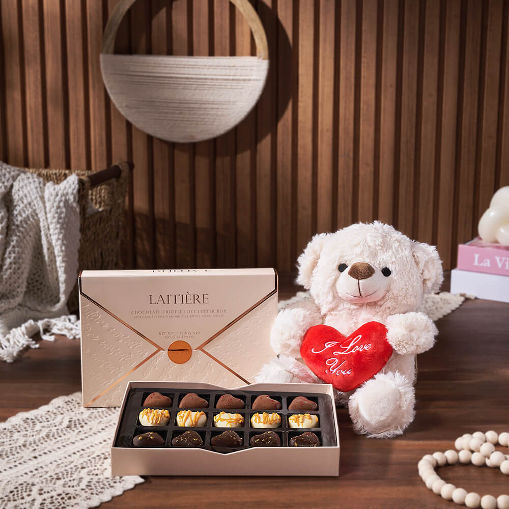 Truffle Chocolate Gift Box with Bear – gift basket with i love you bear 6 inches and laitiere chocolate truffle love letter box