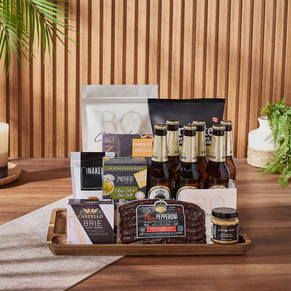 Six-Bottle Beer Gift Basket with Artisanal Snacks and Cheese – how the gift is presented