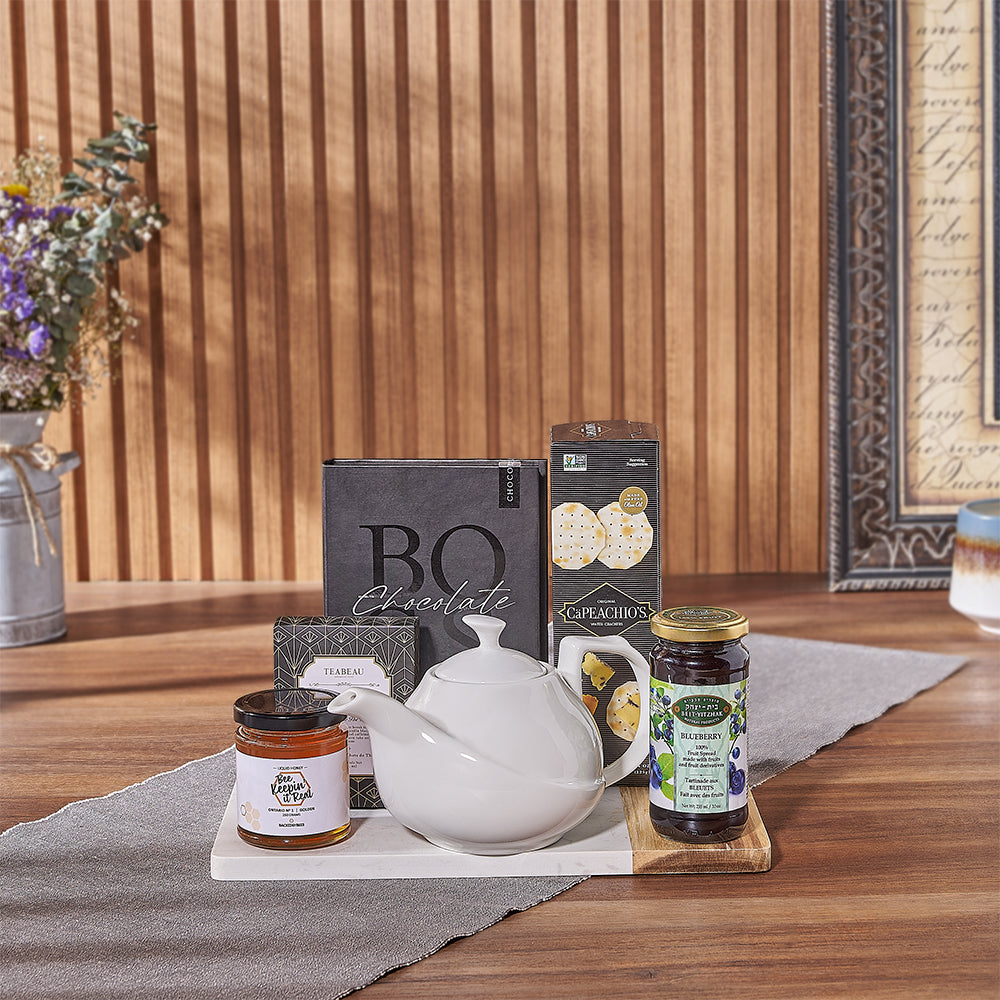 Snack Basket with Kosher Tea – gift basket with teabeau cream vanilla black tea box - black, boss dark chocolate book box and capeachio's original