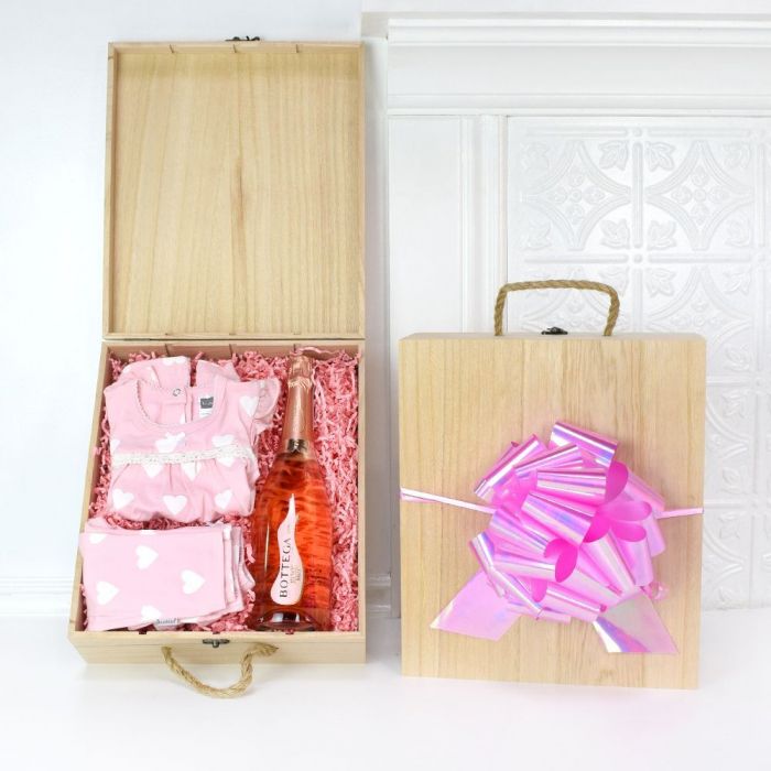Champagne Gift Box Featuring Kushies Soft N Cuddly Baby Clothes – how the gift is presented