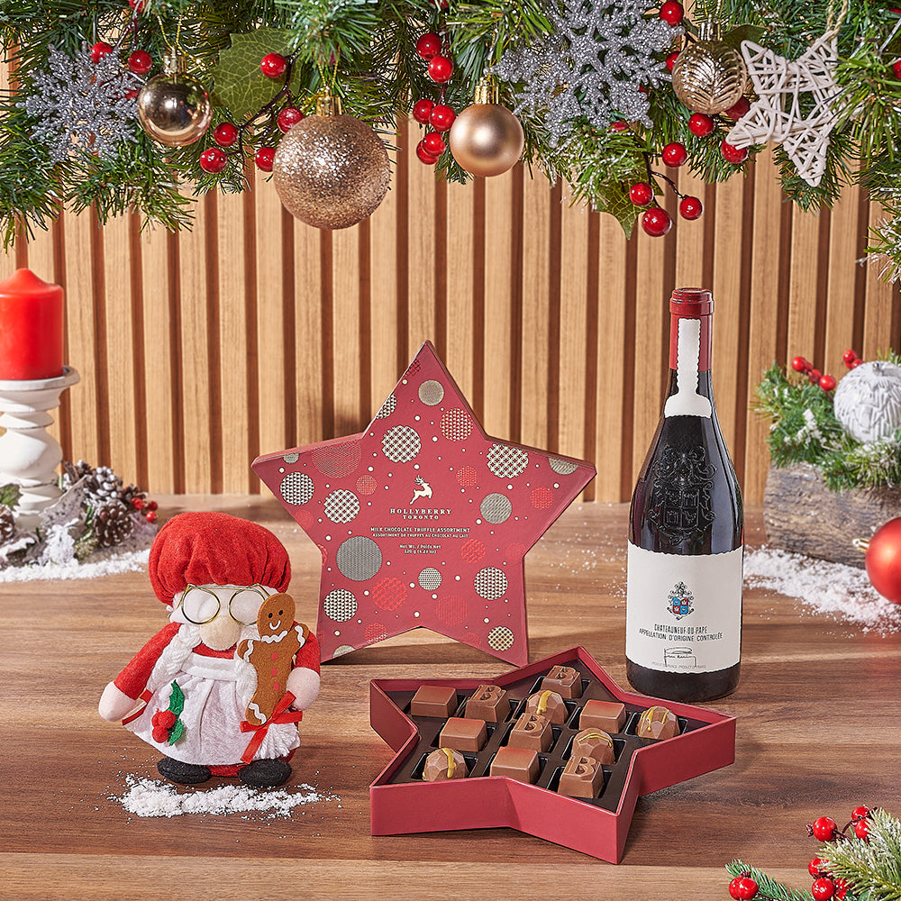 Mrs Claus Plush Wine Basket – how the gift is presented