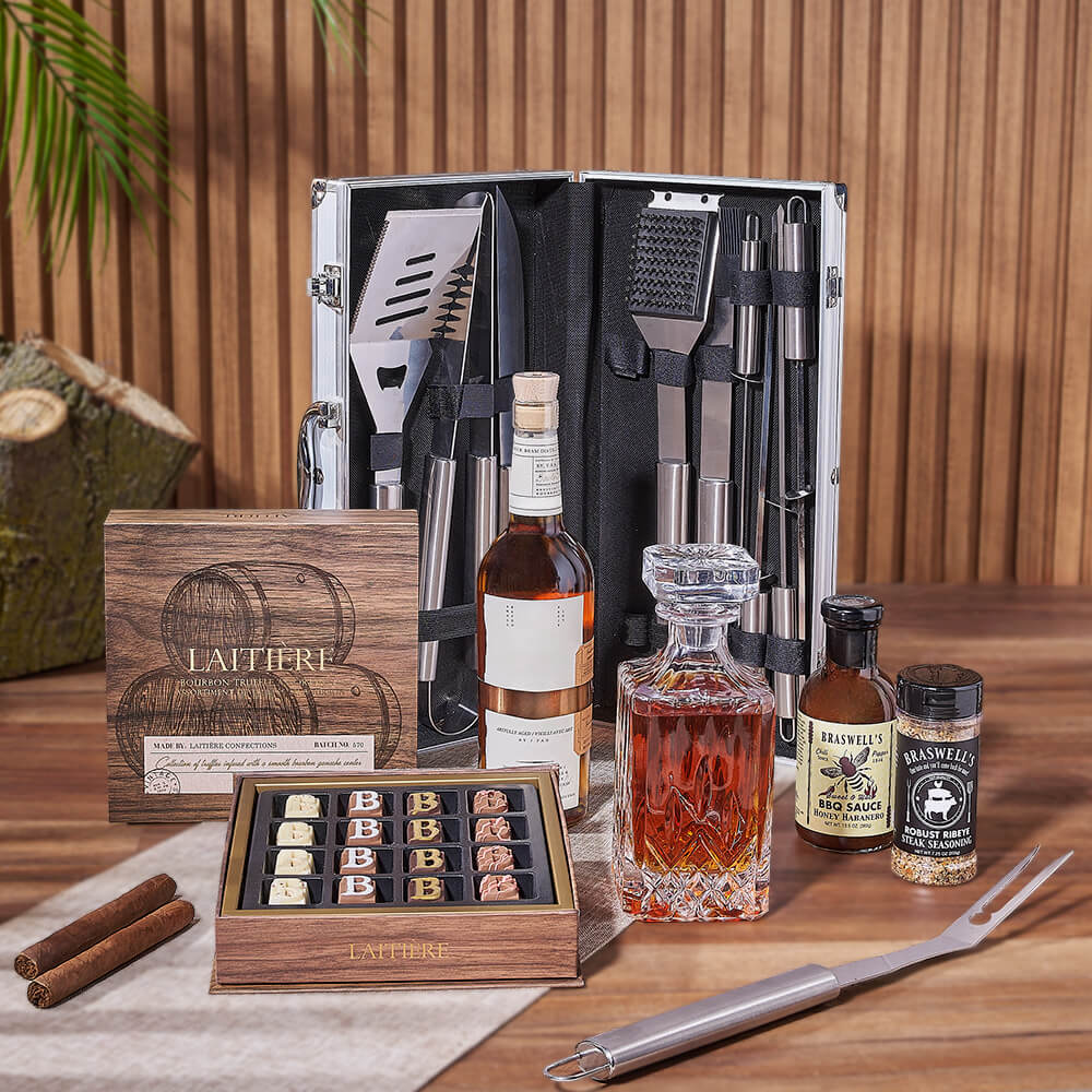 Smokin’ BBQ Grill Gift Set with Liquor from Connecticut Baskets - Liquor Gift Basket - Connecticut Delivery.