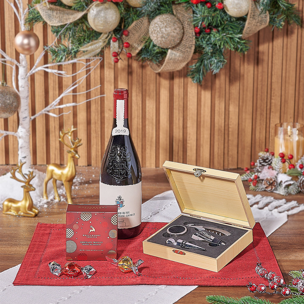 Wine Basket with Hollyberry Chocolates – how the gift is presented