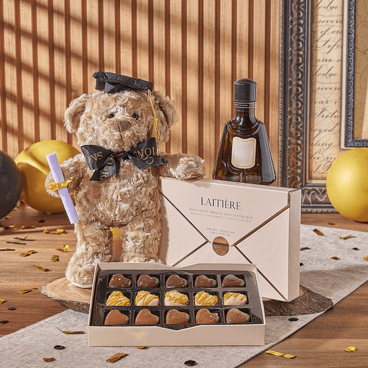 Spirits & Graduate Bear Gift, liquor gift, liquor, chocolate gift, chocolate, plush gift, plush, graduation gift, graduation, Connecticut delivery