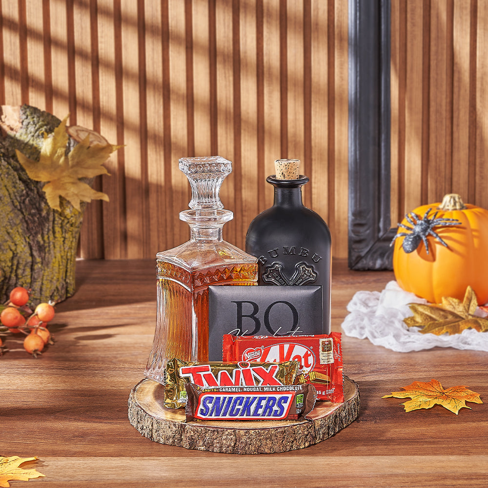 Glass Decanter Vodka and Gourmet Chocolate Gift for Halloween – how the gift is presented