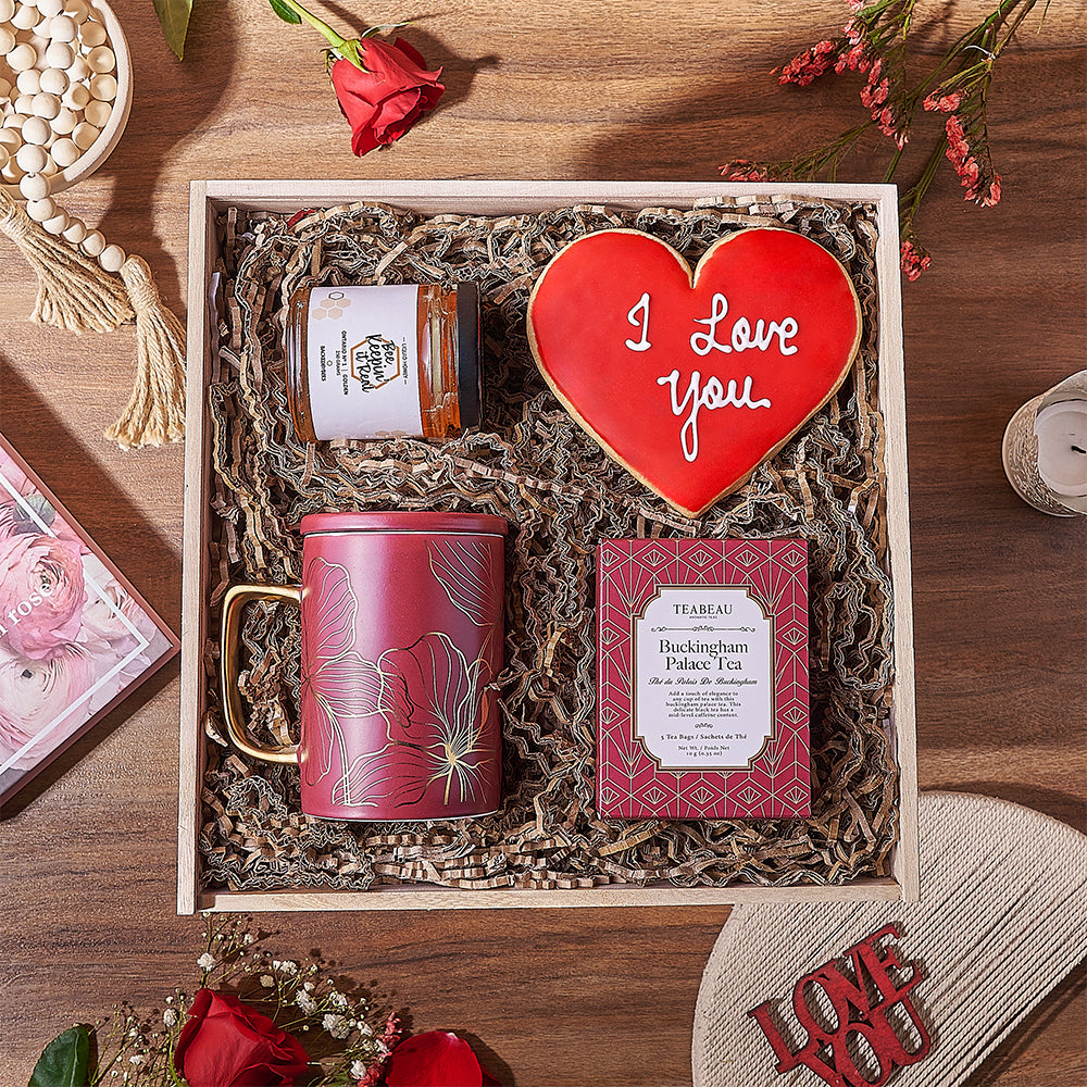 Valentine's Day Gourmet Tea, Honey, and Mug Gift Box – how the gift is presented