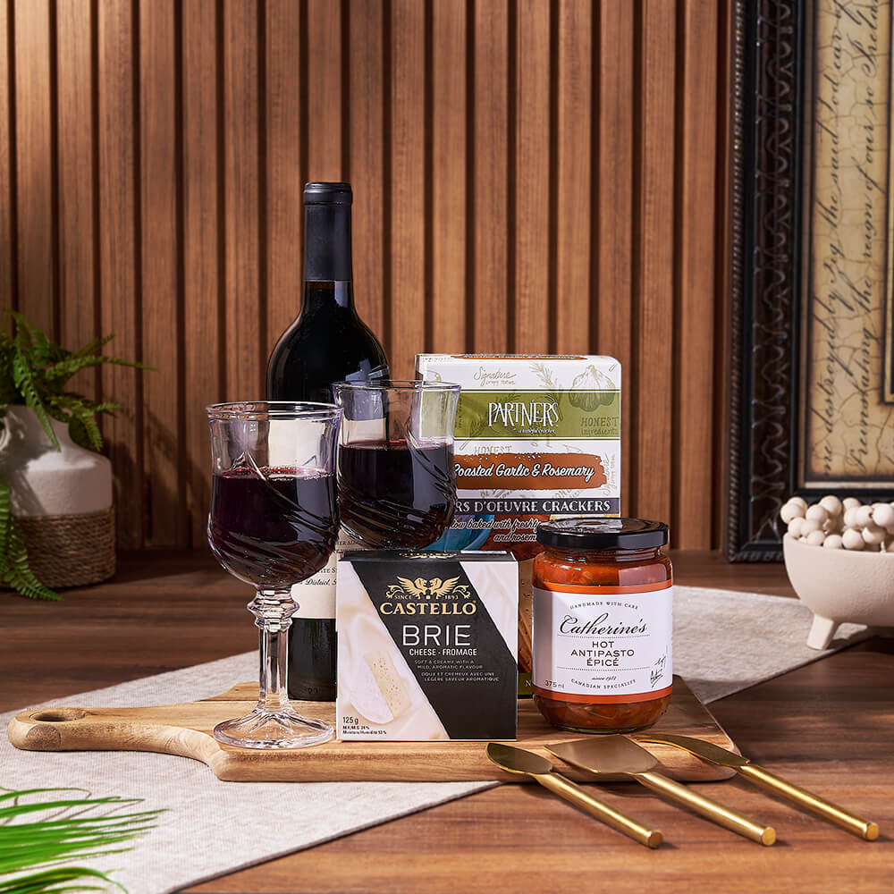 Wine Gift Basket Featuring Brie, Roasted Garlic Crackers, and Antipasto – how the gift is presented