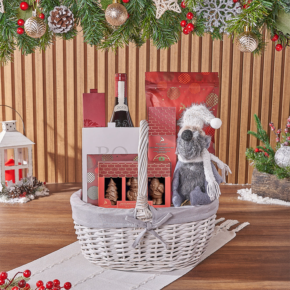 White Wicker Wine and Chocolate Basket – gift basket with bottle of wine, hollyberry white chocolate peppermint popcorn and bruges milk truffle