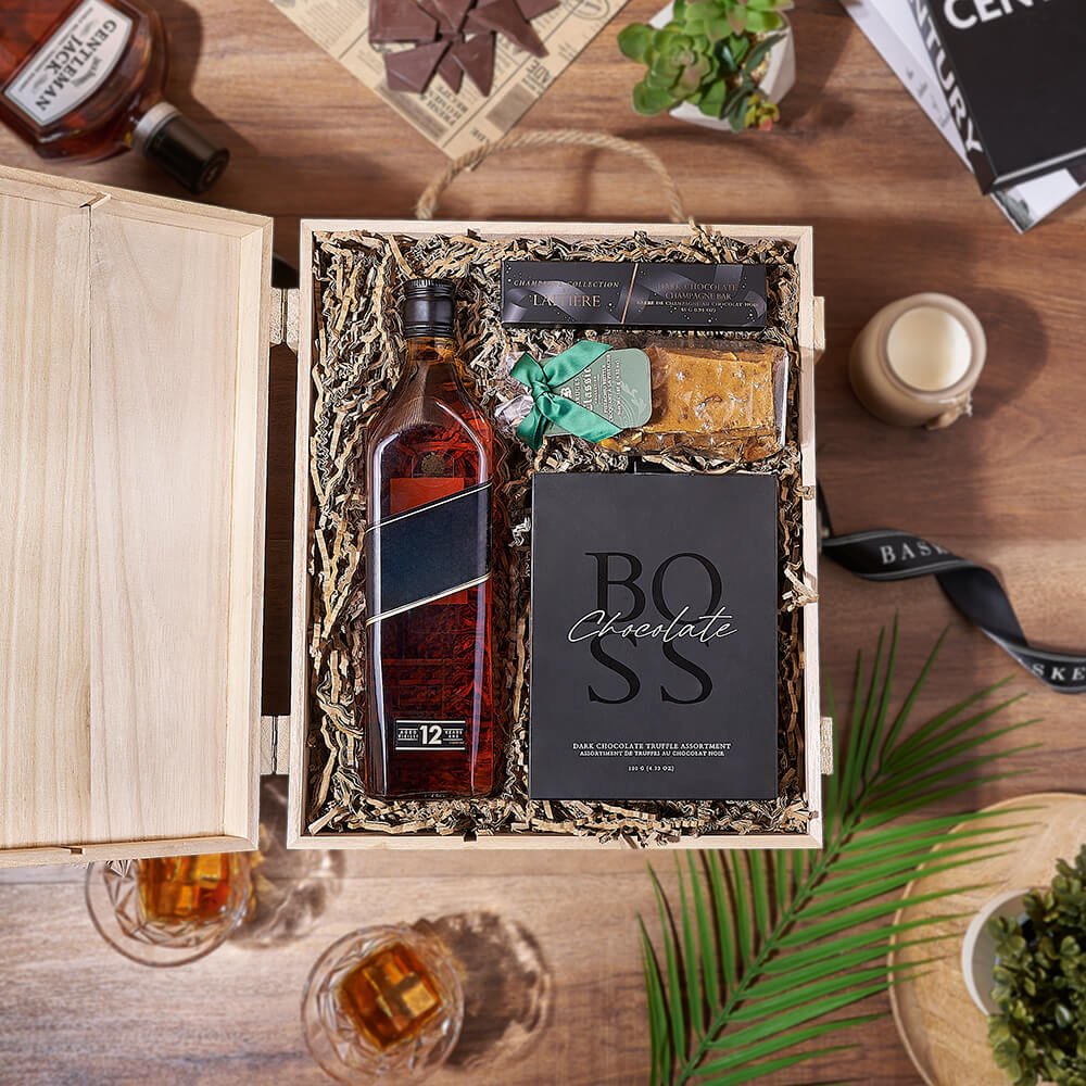 Liquor Gift Basket with Pistachio Brittle – how the gift is presented