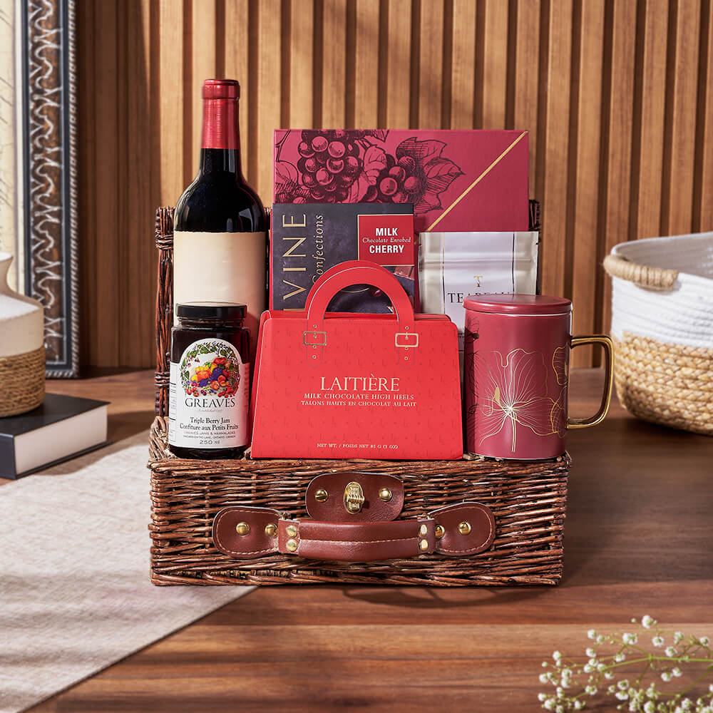 Tea & Sweets Wine Basket, wine gift, wine, tea gift, tea, chocolate gift, chocolate, Connecticut delivery