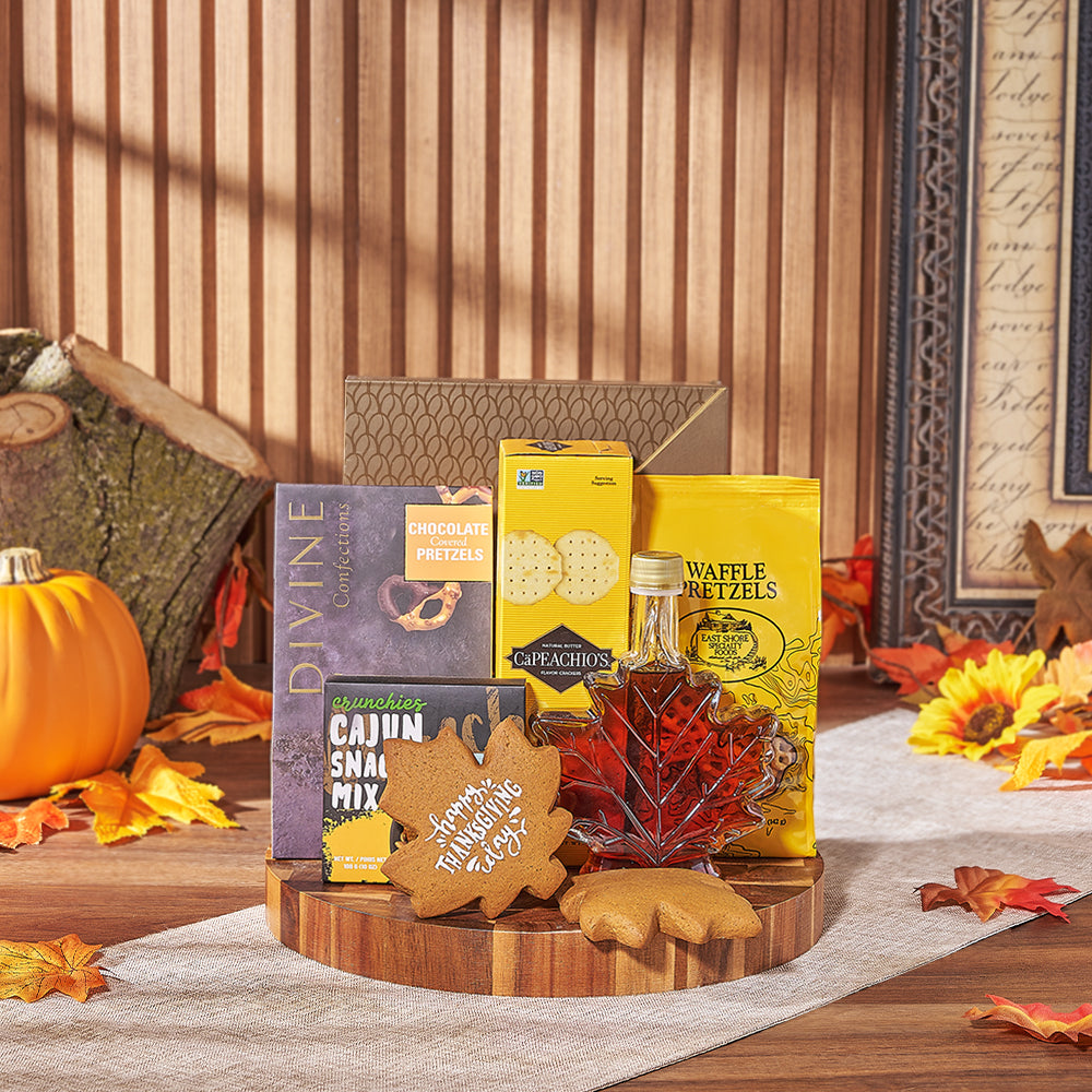 Thanksgiving Artisan Snack Board – gift basket with capeachio's natural butter flavour cracker, divine chocolate covered pretzels tote box
