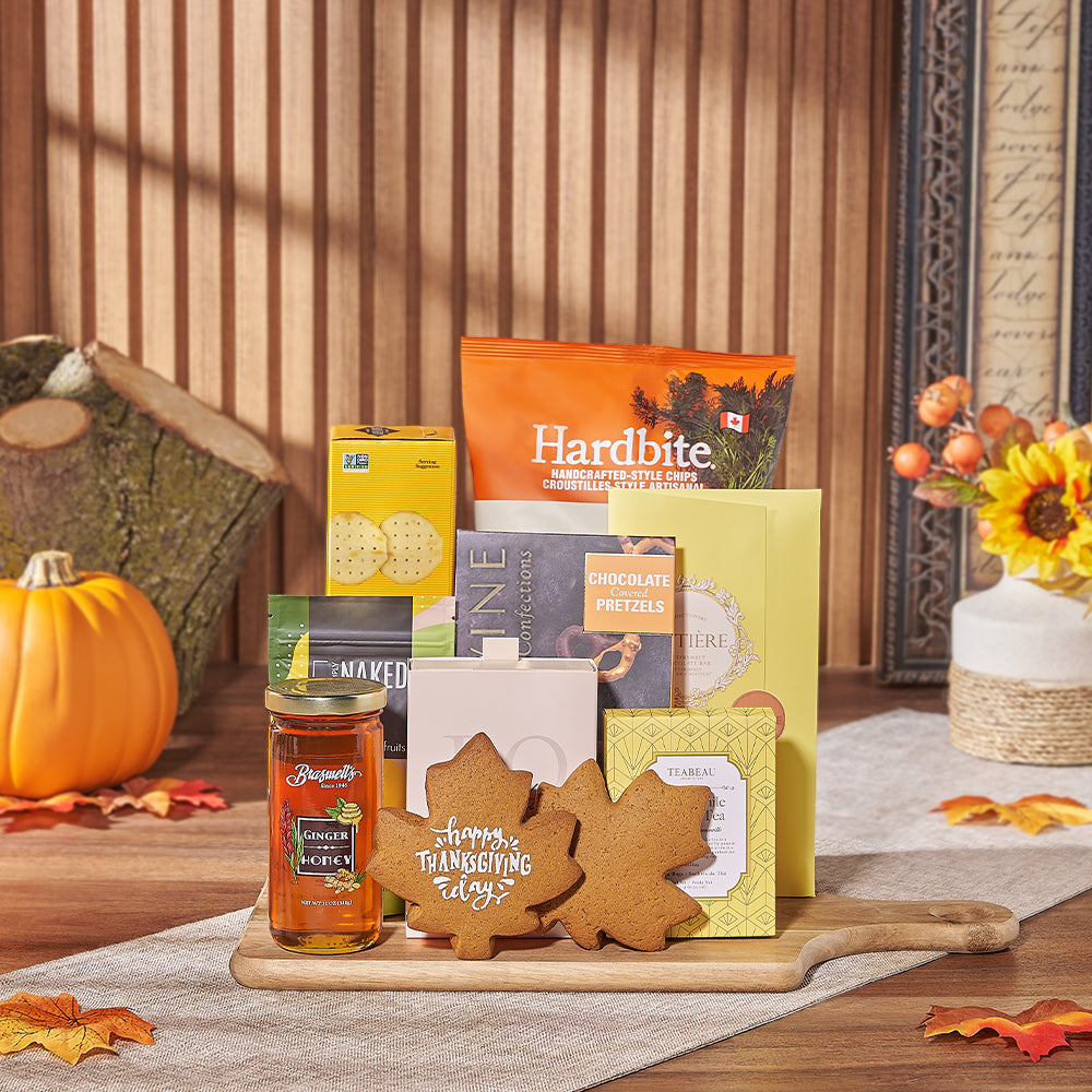 Acacia Wood Serving Board with Thanksgiving Tea & Gourmet Snack Selection – how the gift is presented
