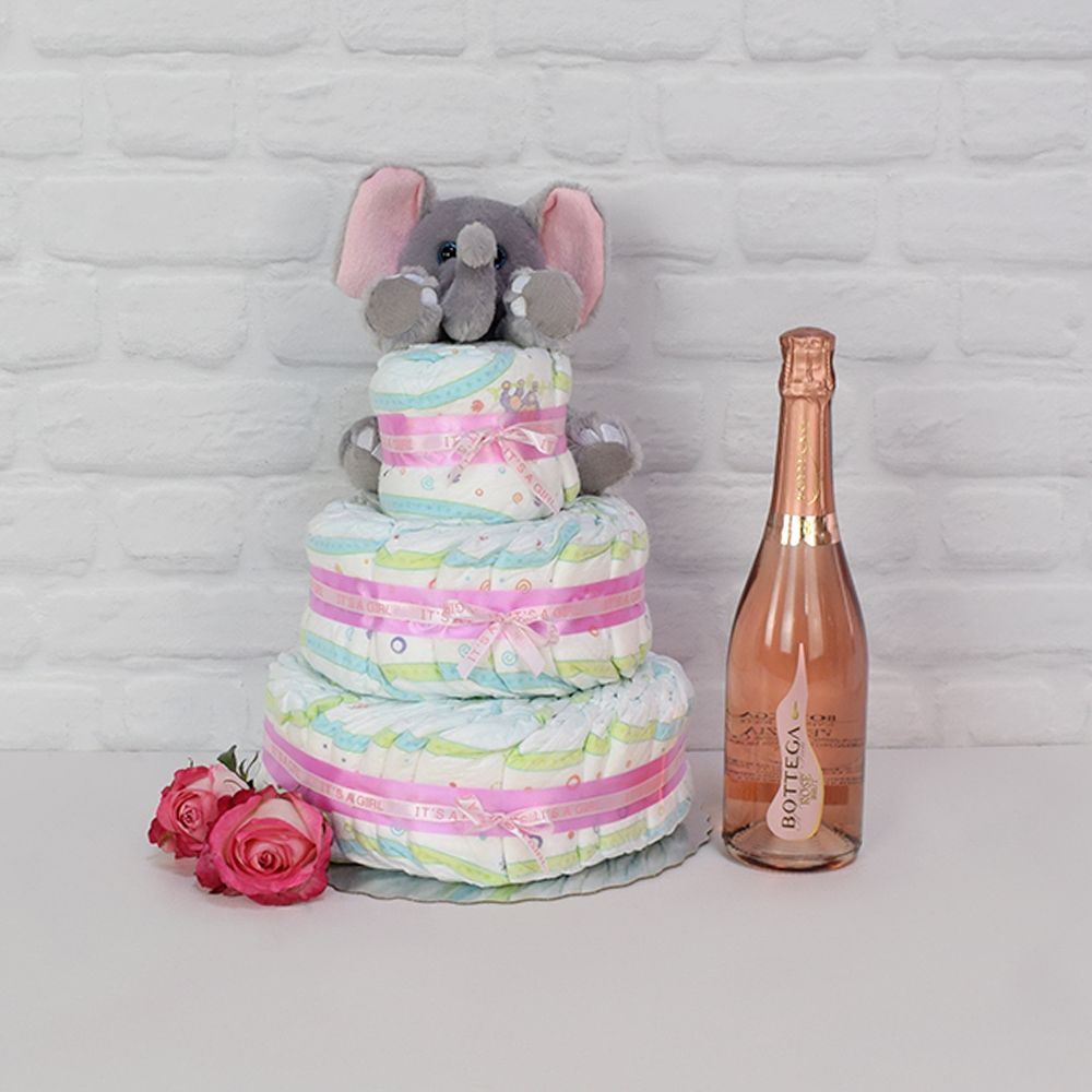 Celebrate New Arrival Three-Tier Diaper Cake with Champagne – how the gift is presented