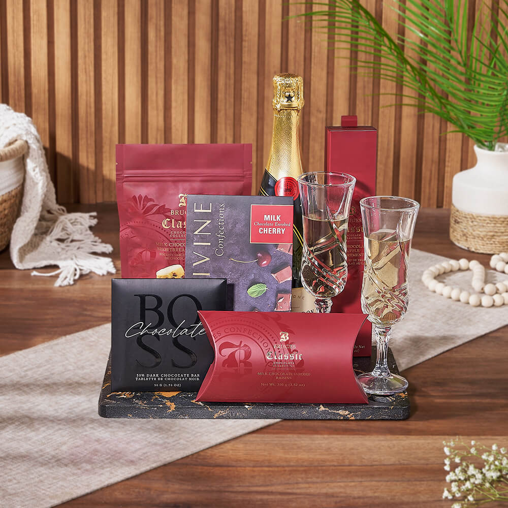 Sparkling Wine Gift Basket with Artisan Chocolates and Serving Board – how the gift is presented