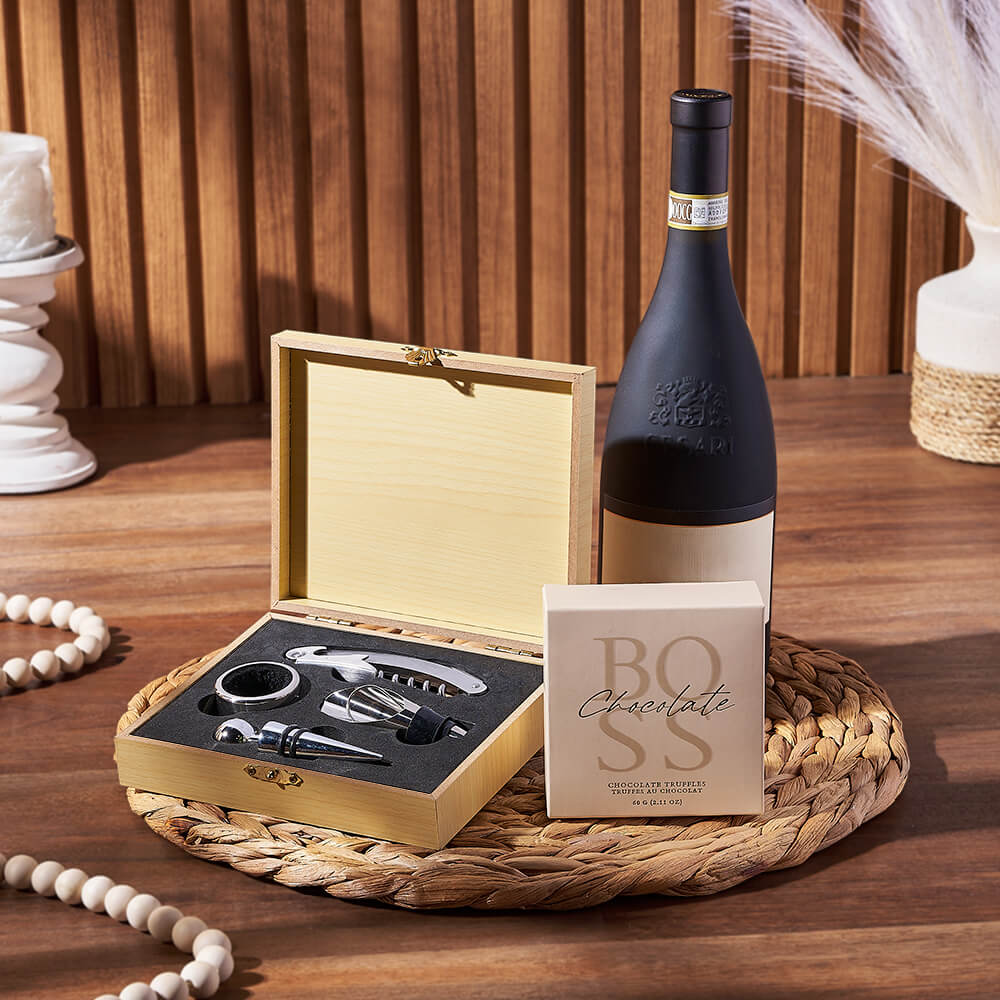 Classic Wine and Chocolate Truffles Basket – how the gift is presented