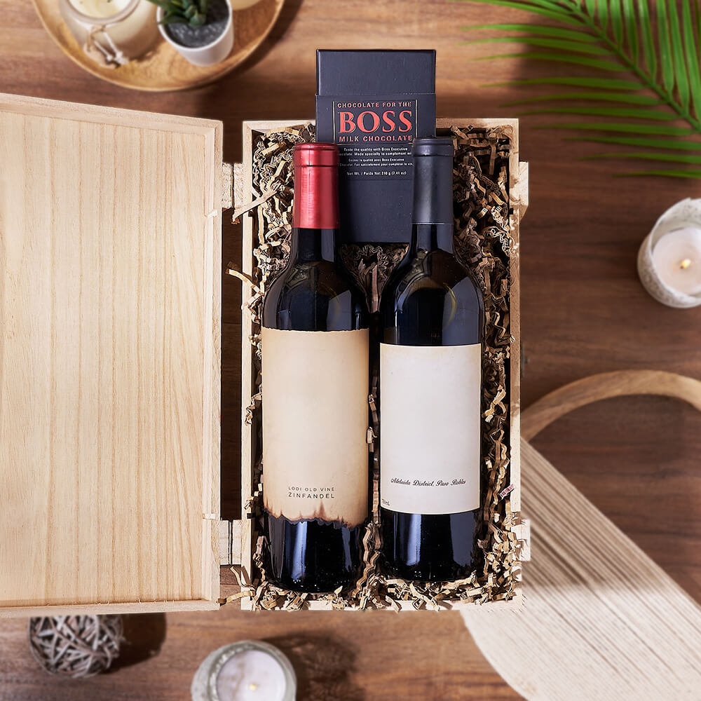 Vintage Wine Duo Gift Crate, wine gift, wine, chocolate gift, chocolate, Connecticut delivery