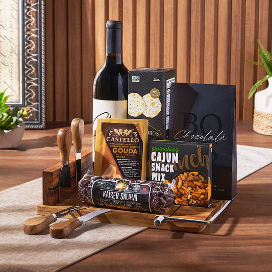 Packed with wine, cheese, chocolate, and more, the Warm Wishes Wine & Cheese Basket from Connecticut Baskets