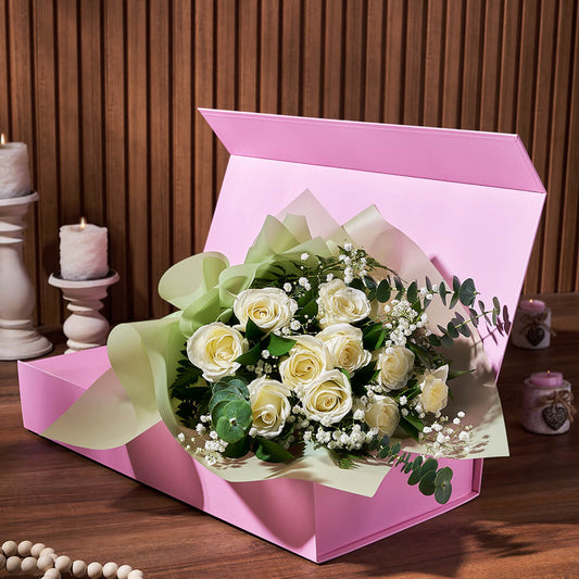 White Rose Gift Box - White Roses in a pink flower box