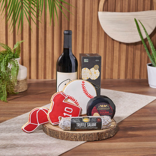 Wine & Baseball Cookie Gift- Wine Gift Basket With Cutting Board, Baseball Sugar Cookies, Cheese, Crackers, and Salami