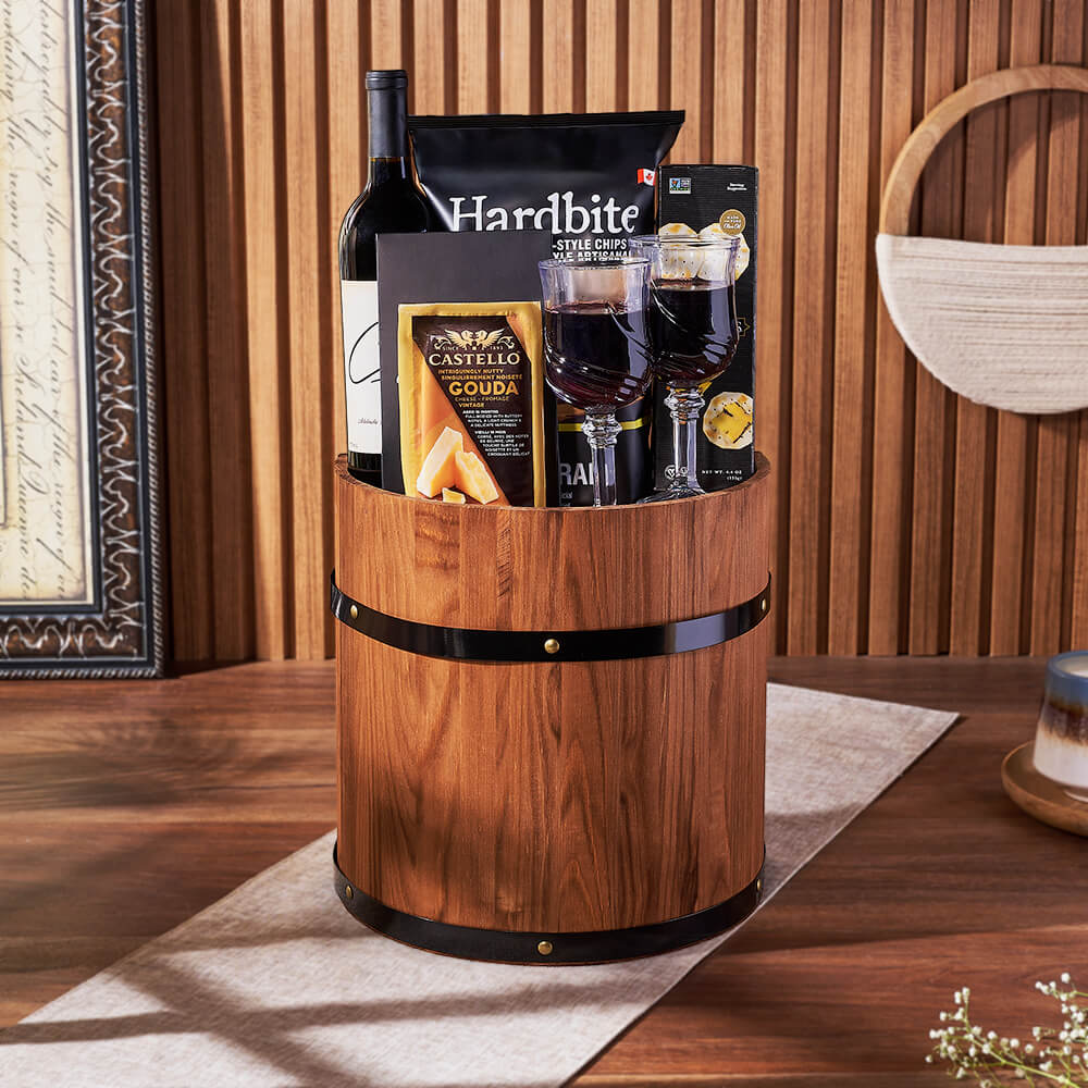 Wine and Cheese Snack Barrel – how the gift is presented