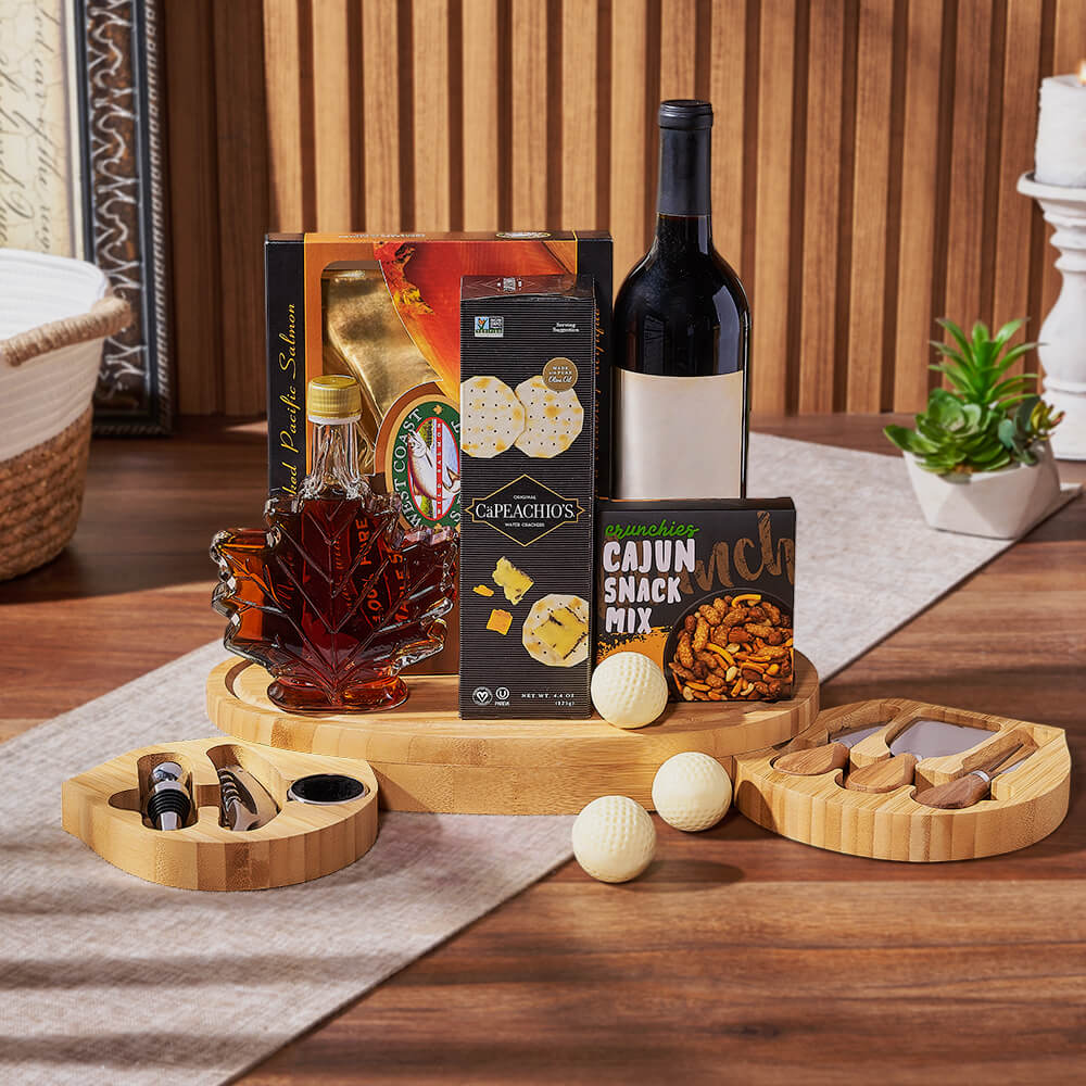 Wine Golf Cheese Board - Wine Gift Basket With Salmon, Crackers, Maple Syrup, Nuts, Chocolate Golf Balls and Golf Shaped Cutting Board