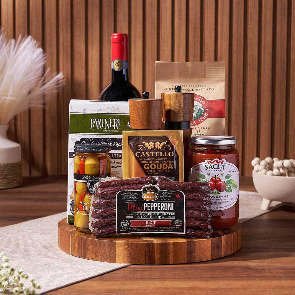 Wine and Acacia Wood Gift Basket – how the gift is presented