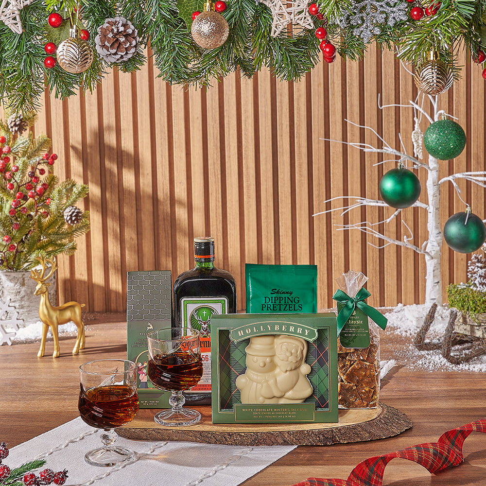Holiday Liquor Gift Basket with Treats – how the gift is presented