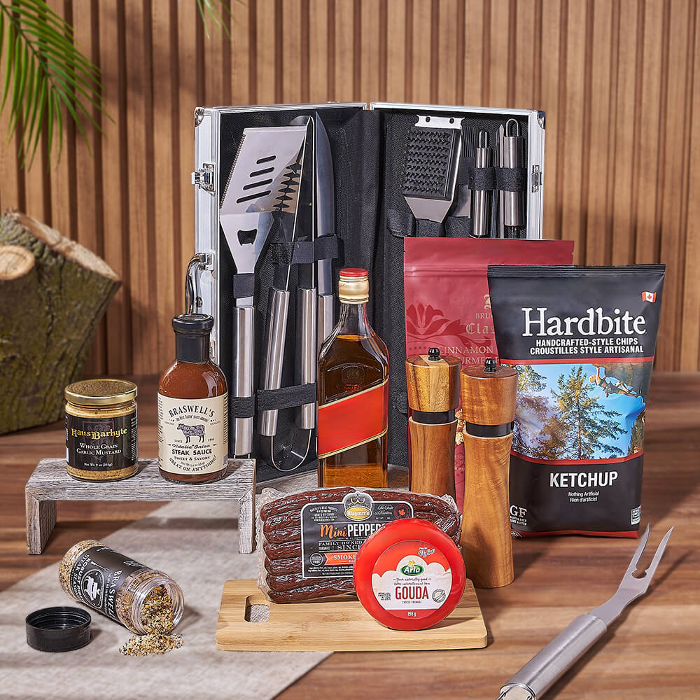 BBQ Snack and Liquor Gift Set with Grill Utensils in Aluminum Storage Case – how the gift is presented