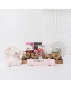 BUNNY MEETS BABY GIFT BASKET, baby girl gift basket, welcome home baby gifts, new parent gifts
